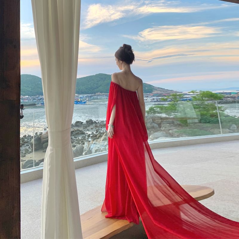 Set: Cap-Sleeve One-Shoulder Plain Slit Maxi A-Line Dress + Scarf