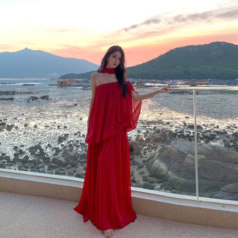 Set: Cap-Sleeve One-Shoulder Plain Slit Maxi A-Line Dress + Scarf