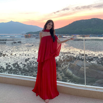 Set: Cap-Sleeve One-Shoulder Plain Slit Maxi A-Line Dress + Scarf