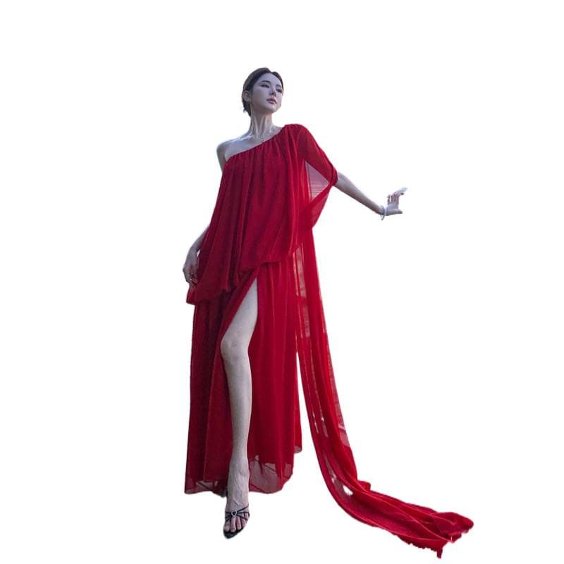 Set: Cap-Sleeve One-Shoulder Plain Slit Maxi A-Line Dress + Scarf