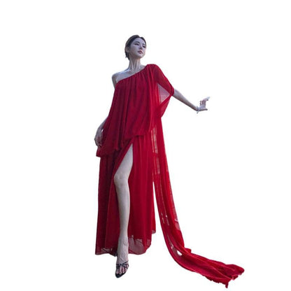 Set: Cap-Sleeve One-Shoulder Plain Slit Maxi A-Line Dress + Scarf