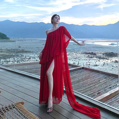 Set: Cap-Sleeve One-Shoulder Plain Slit Maxi A-Line Dress + Scarf