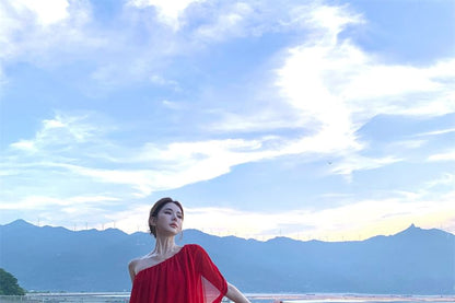 Set: Cap-Sleeve One-Shoulder Plain Slit Maxi A-Line Dress + Scarf