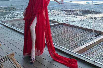 Set: Cap-Sleeve One-Shoulder Plain Slit Maxi A-Line Dress + Scarf