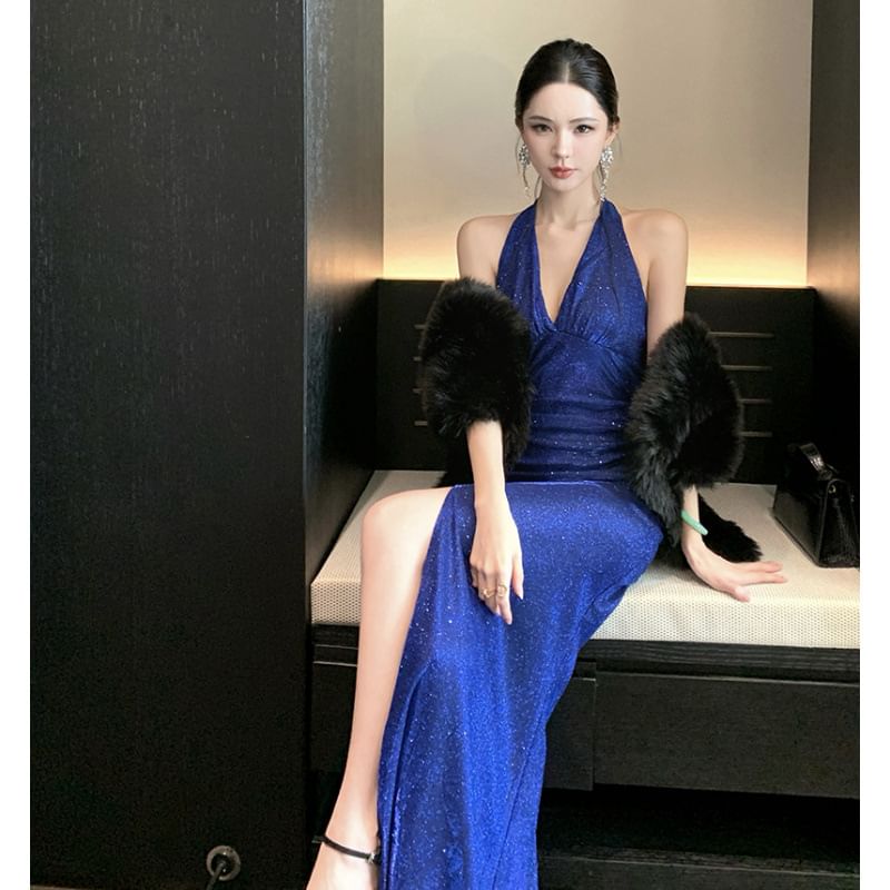 Halter V-Neck Glitter Open Back Slit Maxi Sheath Dress