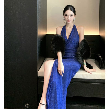 Halter V-Neck Glitter Open Back Slit Maxi Sheath Dress