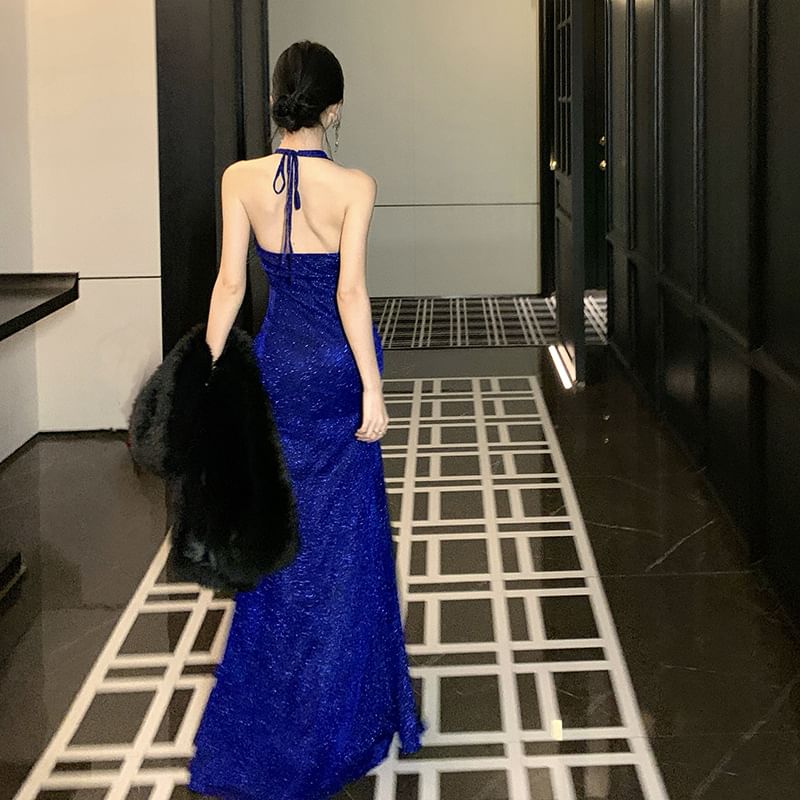 Halter V-Neck Glitter Open Back Slit Maxi Sheath Dress