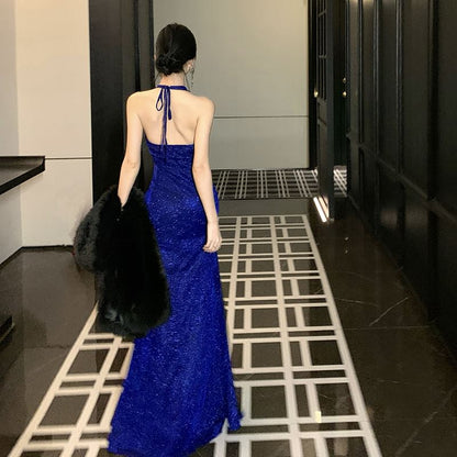 Halter V-Neck Glitter Open Back Slit Maxi Sheath Dress