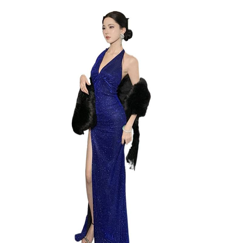 Halter V-Neck Glitter Open Back Slit Maxi Sheath Dress