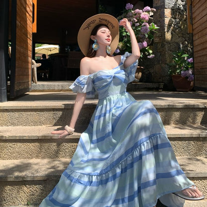 Ruffle Sleeve Off-Shoulder Color Block Maxi A-Line Dress