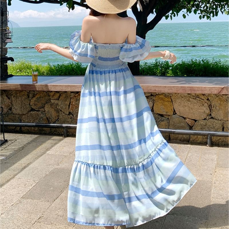 Ruffle Sleeve Off-Shoulder Color Block Maxi A-Line Dress