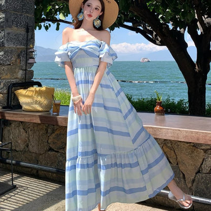 Ruffle Sleeve Off-Shoulder Color Block Maxi A-Line Dress