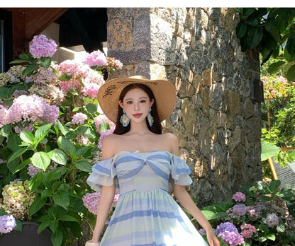Ruffle Sleeve Off-Shoulder Color Block Maxi A-Line Dress