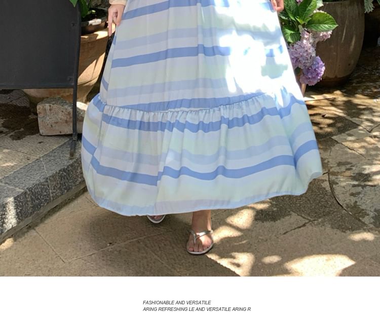 Ruffle Sleeve Off-Shoulder Color Block Maxi A-Line Dress