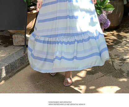 Ruffle Sleeve Off-Shoulder Color Block Maxi A-Line Dress