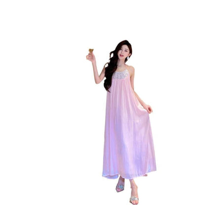 Halter Neck Sequin Panel Open Back Satin Maxi Sundress