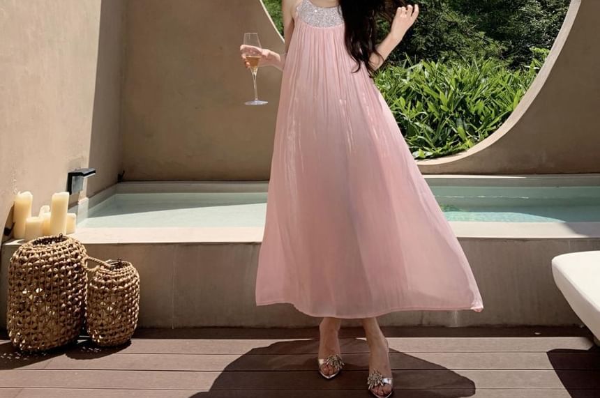 Halter Neck Sequin Panel Open Back Satin Maxi Sundress