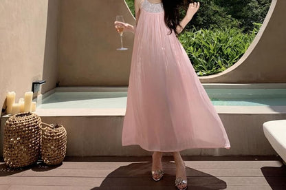 Halter Neck Sequin Panel Open Back Satin Maxi Sundress