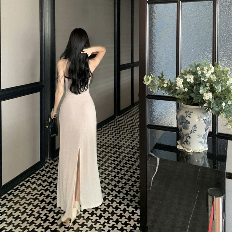 Halter Neck Contrast Trim Sheer Slit Maxi Bodycon Dress