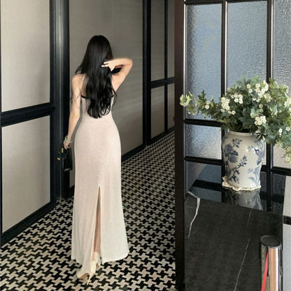 Halter Neck Contrast Trim Sheer Slit Maxi Bodycon Dress