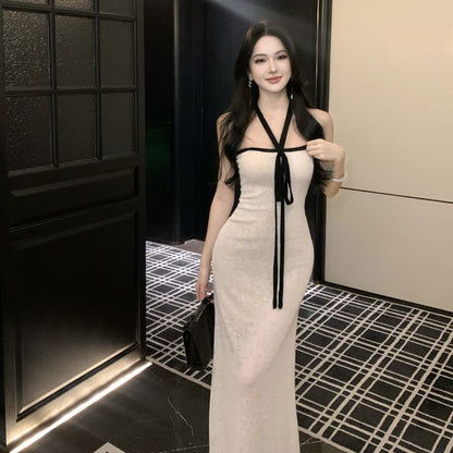 Halter Neck Contrast Trim Sheer Slit Maxi Bodycon Dress