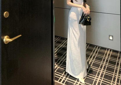 Halter Neck Contrast Trim Sheer Slit Maxi Bodycon Dress