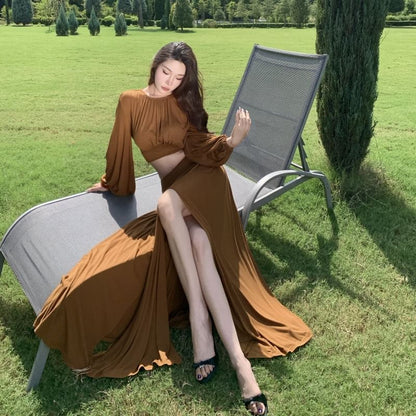 Long Sleeve Crop Top and Slit Maxi Skirt Set
