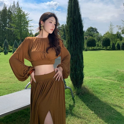 Long Sleeve Crop Top and Slit Maxi Skirt Set