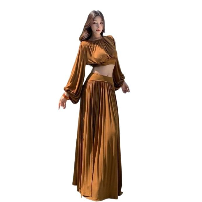Long Sleeve Crop Top and Slit Maxi Skirt Set