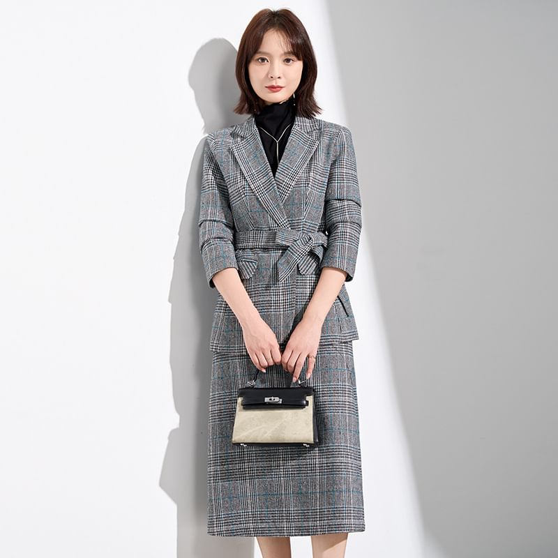 Tartan Check Blazer and Midi Pencil Skirt Set