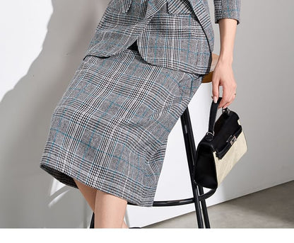 Tartan Check Blazer and Midi Pencil Skirt Set