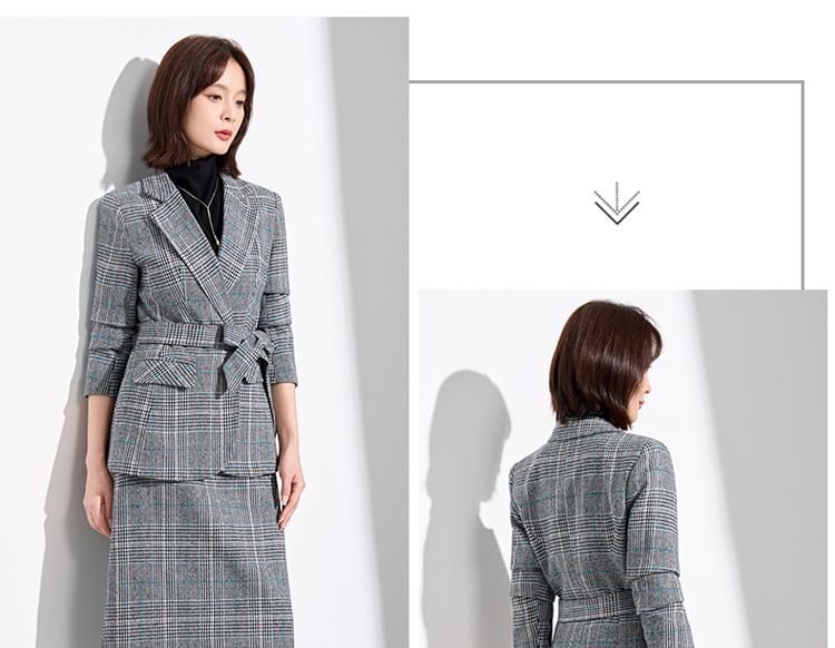 Tartan Check Blazer and Midi Pencil Skirt Set