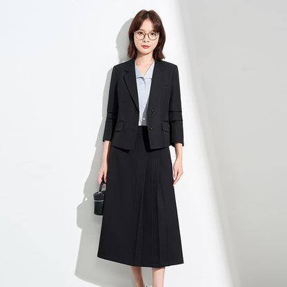 Blazer and High Waist Midi A-Line Skirt Set