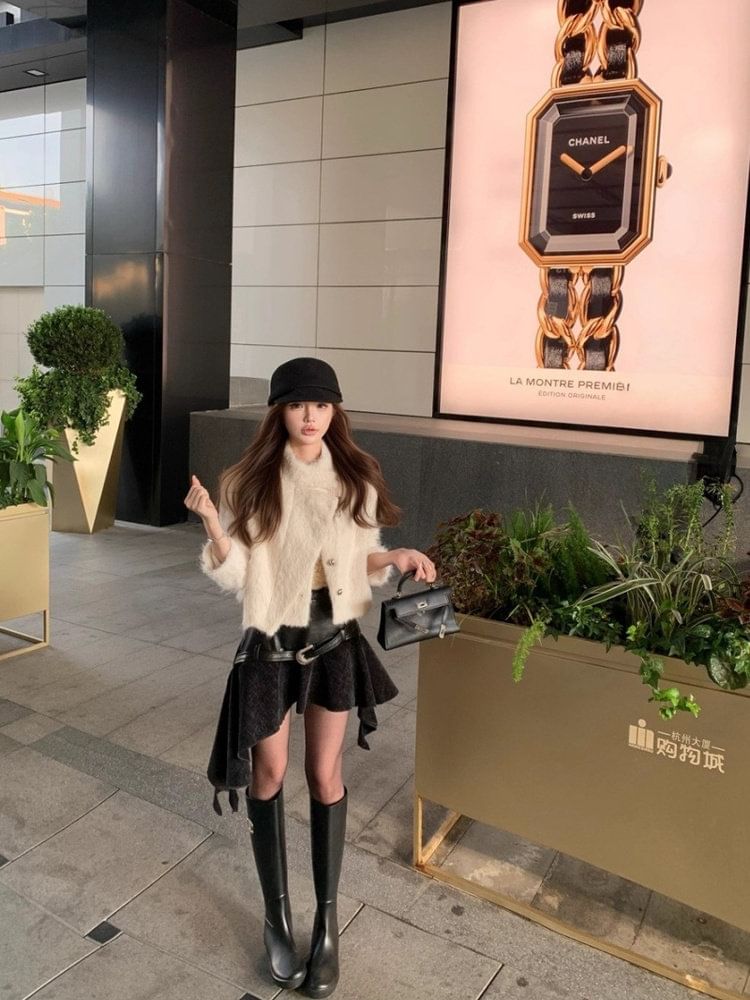Furry Jacket and Asymmetrical Mini Skirt Set