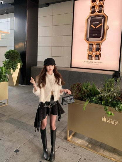 Furry Jacket and Asymmetrical Mini Skirt Set