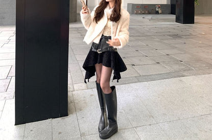 Furry Jacket and Asymmetrical Mini Skirt Set