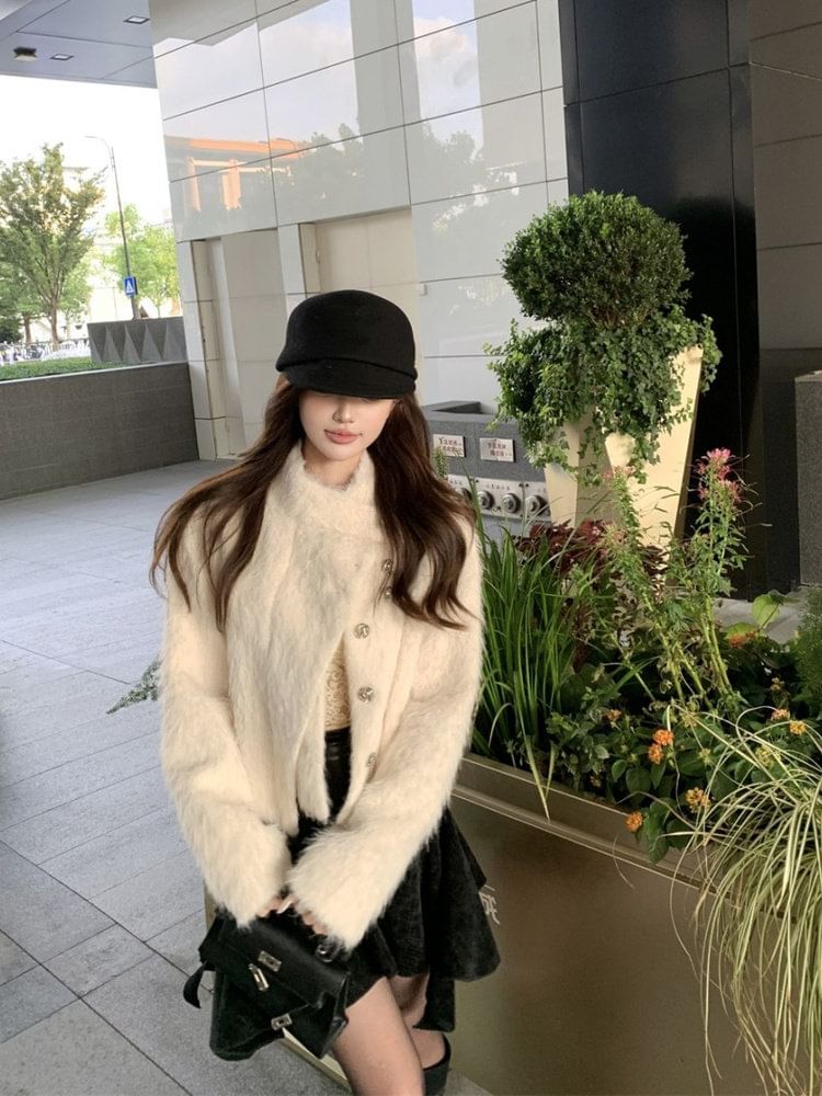 Furry Jacket and Asymmetrical Mini Skirt Set