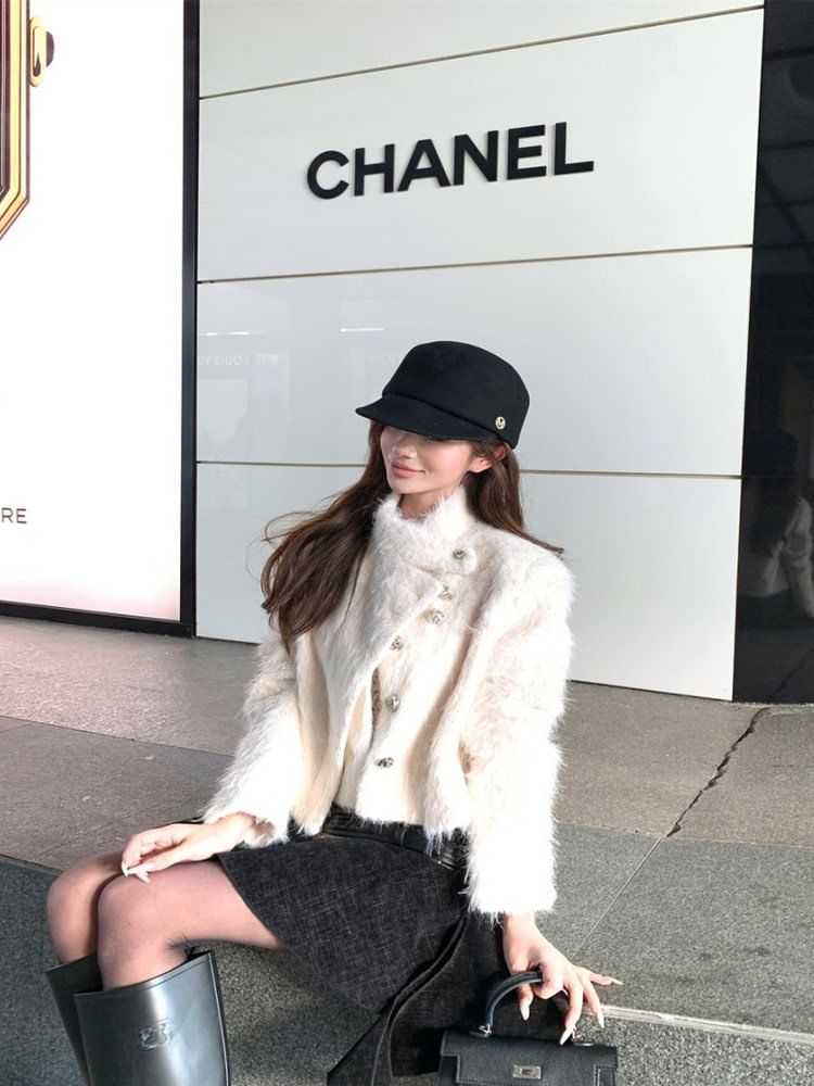 Furry Jacket and Asymmetrical Mini Skirt Set