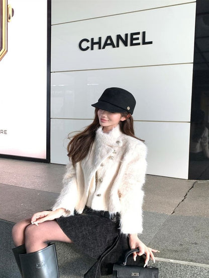 Furry Jacket and Asymmetrical Mini Skirt Set