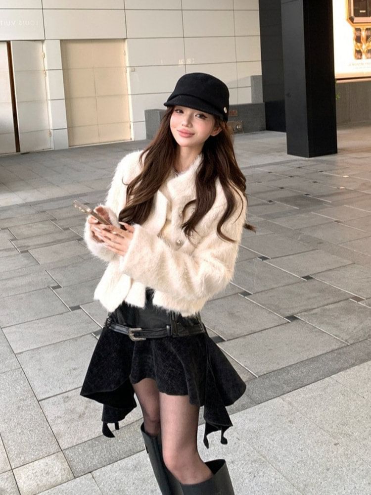 Furry Jacket and Asymmetrical Mini Skirt Set