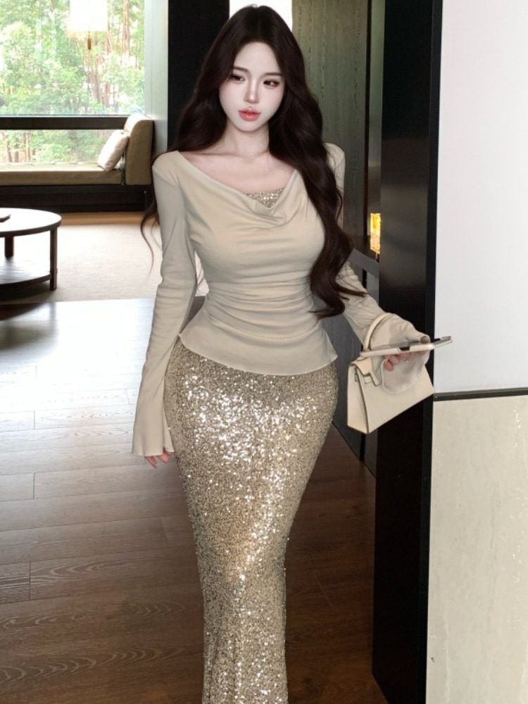 Cowl Neck Top and Sequin Maxi Pencil Skirt Set