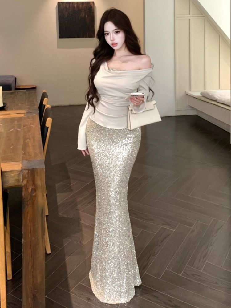 Cowl Neck Top and Sequin Maxi Pencil Skirt Set