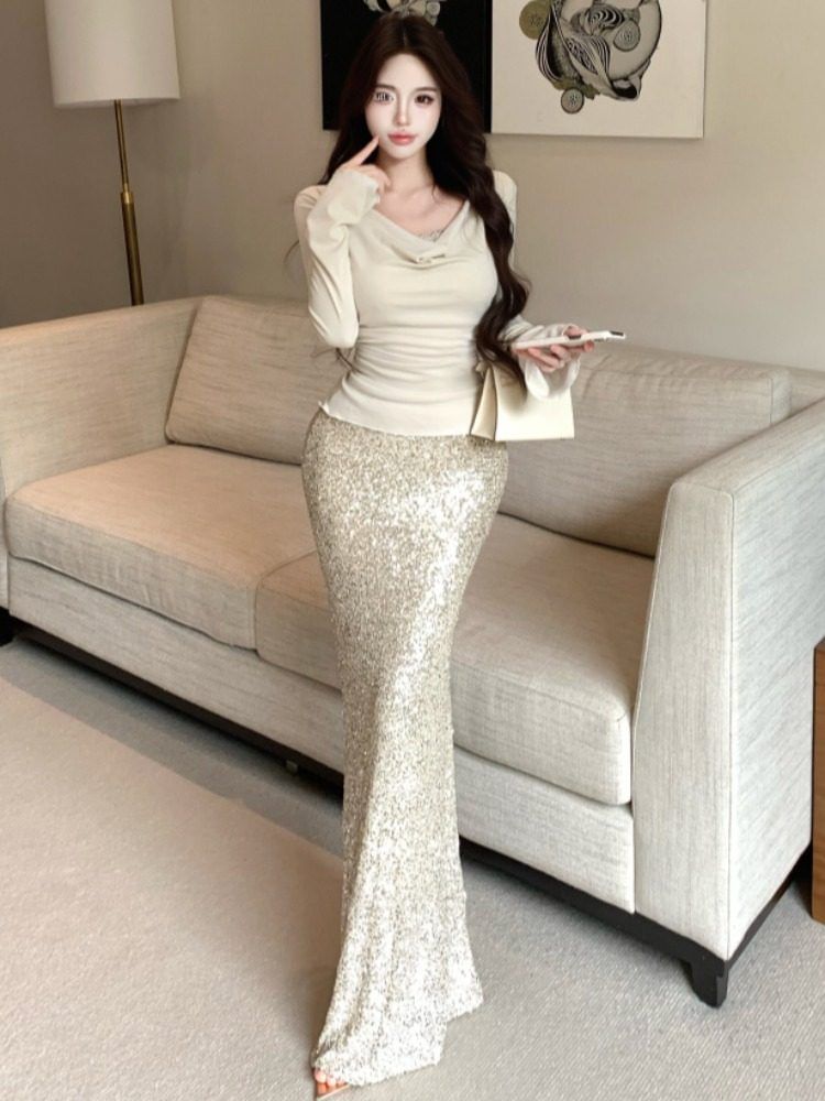 Cowl Neck Top and Sequin Maxi Pencil Skirt Set