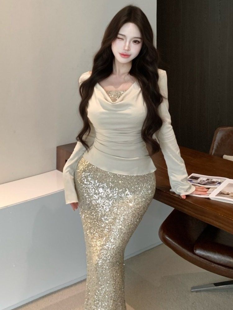 Cowl Neck Top and Sequin Maxi Pencil Skirt Set