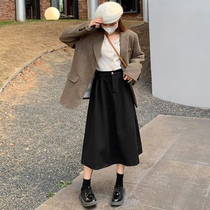 Solid Color High Waist Midi A-Line Skirt