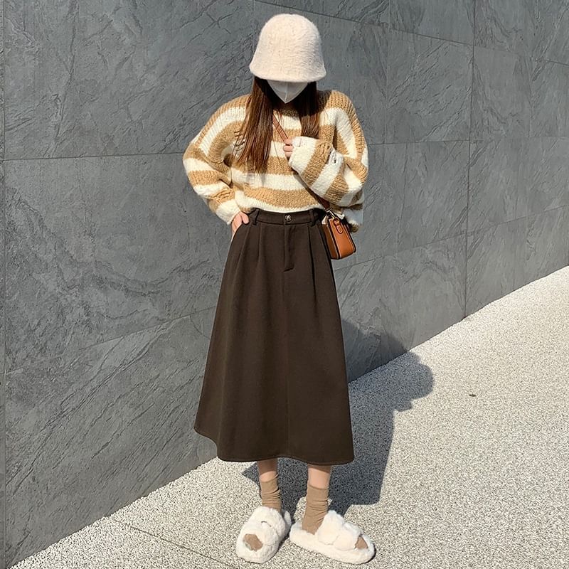 Solid Color High Waist Midi A-Line Skirt