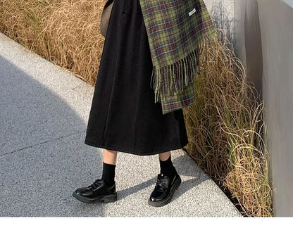 Solid Color High Waist Midi A-Line Skirt