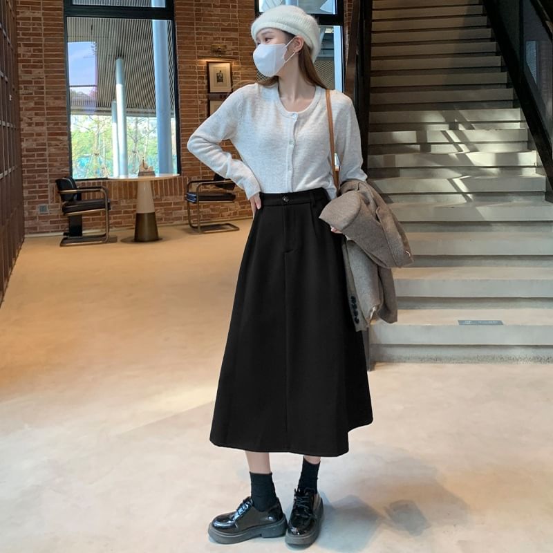 Solid Color High Waist Midi A-Line Skirt