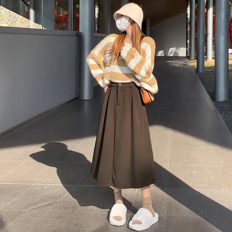 Solid Color High Waist Midi A-Line Skirt