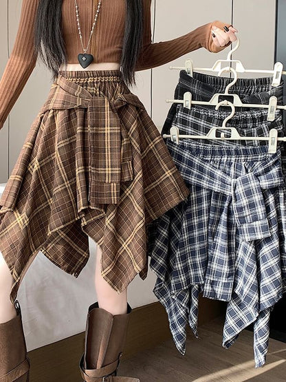 Plaid Asymmetrical Mini A-Line Skirt
